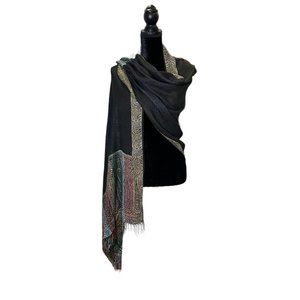Unbranded Scarf Womens Long Rectangle Black Gold Blue Paisley Woven Fringe